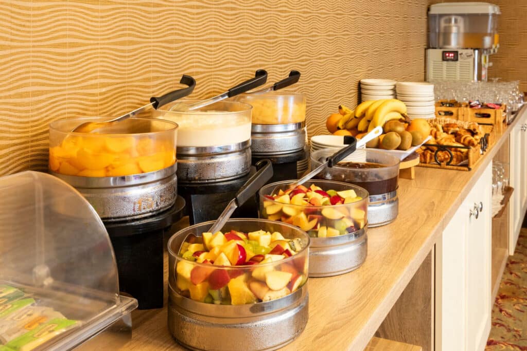 Close up view of the breakfast area of all the fruit options