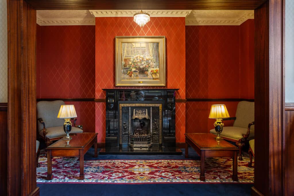 View of the lobby with a fireplace