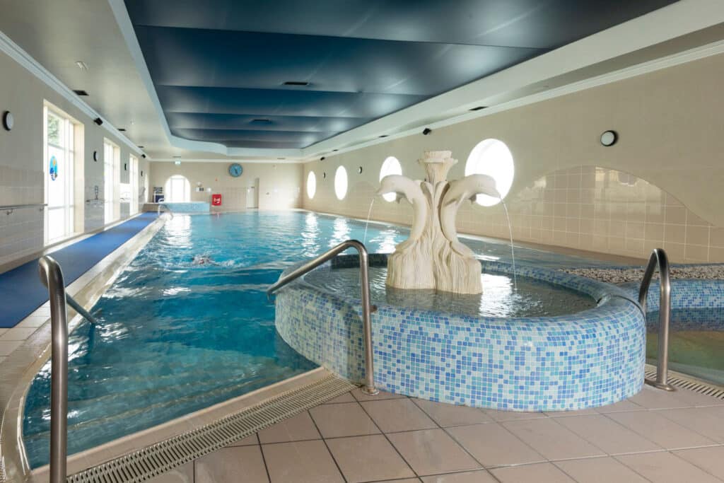 View of the swimming pool with dolphin statues
